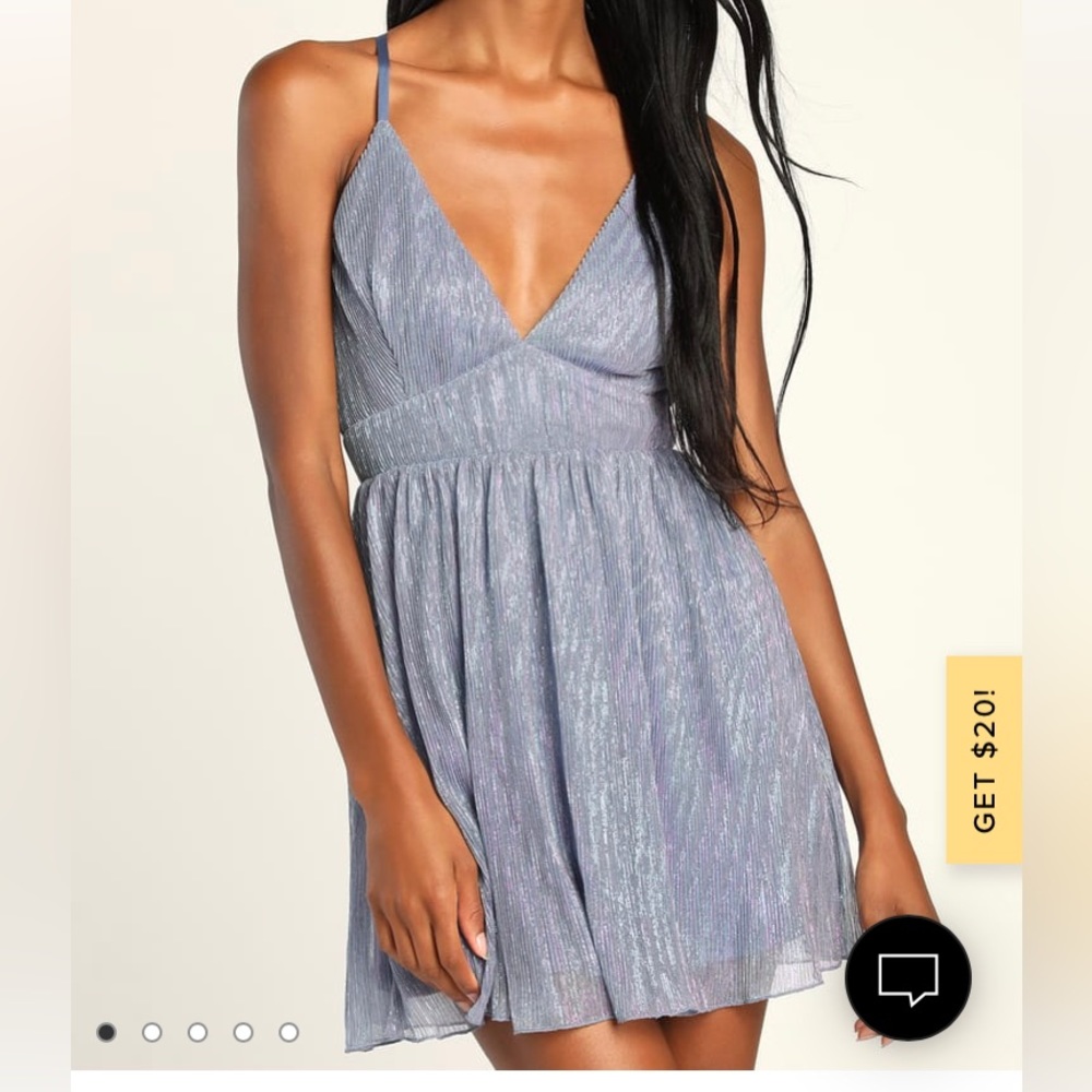 Lulus Blue Metallic V-Neck Skater Dress